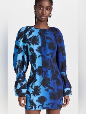 Stine Goya Libby Dress Oil Pastel Anemone Blue Black Long Sleeve Floral NWT L